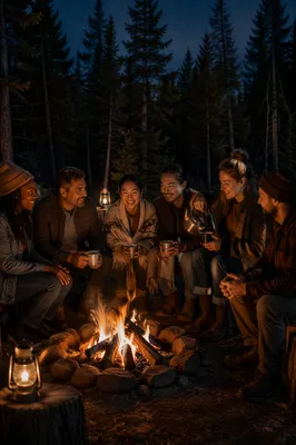 Friends Around Campfire in Forest Night