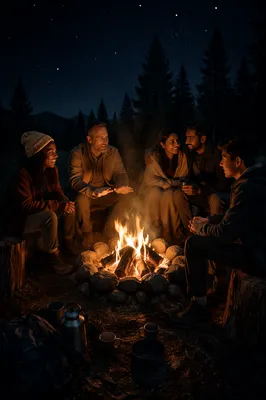 Friends Around Campfire in Forest Night