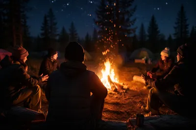 Friends Around Campfire in Forest Night