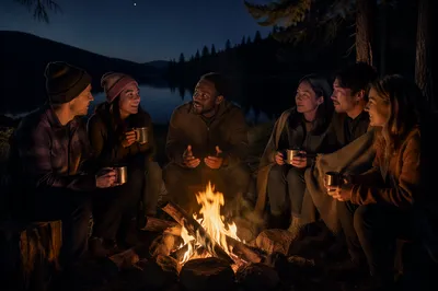 Friends Around Campfire by Forest Lake