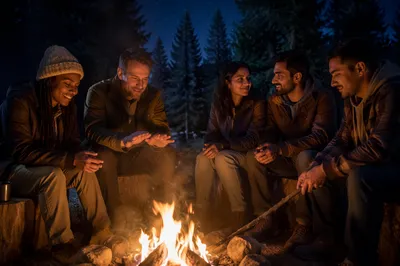 Friends Around Campfire in Forest Night