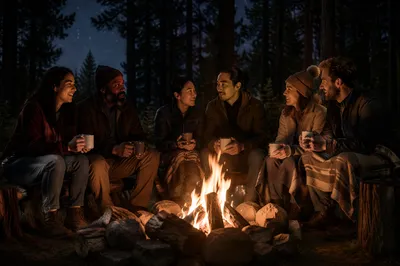 Friends Around Campfire in Forest Night
