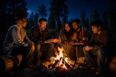 Friends Around Campfire in Forest at Night