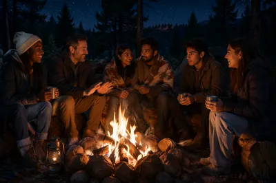 Friends Around Campfire in Forest Night