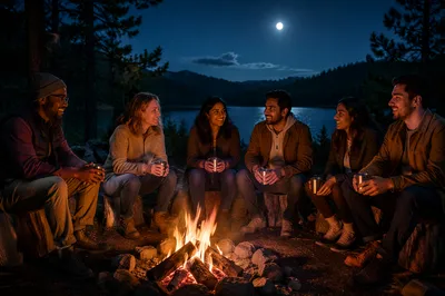 Friends Around Campfire by Lakeside Night