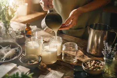 Hands Pouring Wax in Cozy Workshop