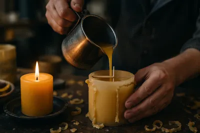 Hands Pouring Beeswax in Candle Workshop
