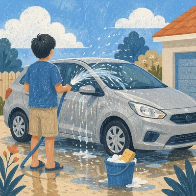 Sunny Driveway Car Wash Water Splash