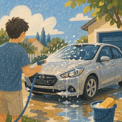 Sunny Car Wash Splash in Driveway