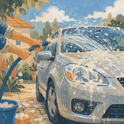 Sunny Driveway Car Wash Splash Scene