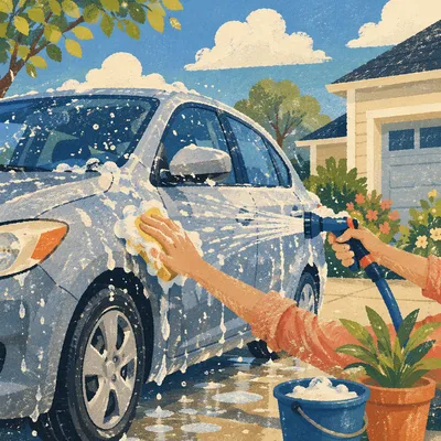 Sunny Driveway Car Wash Splash Scene