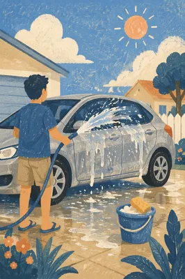 Sunny Driveway Car Wash Water Splash