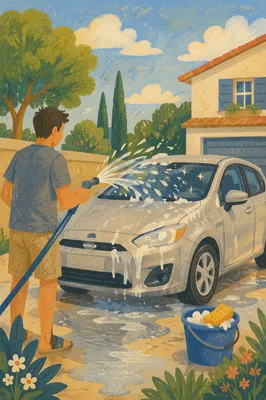 Sunny Driveway Car Wash Water Splash