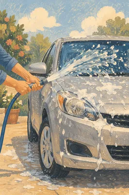 Sunny Driveway Car Wash Splash Scene
