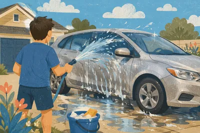 Sunny Driveway Car Wash Water Splash