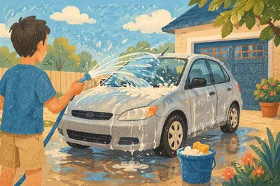 Sunny Driveway Car Wash Water Splash