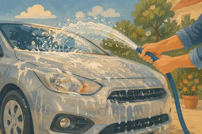 Sunny Driveway Car Wash Water Splash
