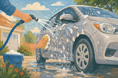 Sunny Driveway Car Wash Water Splash