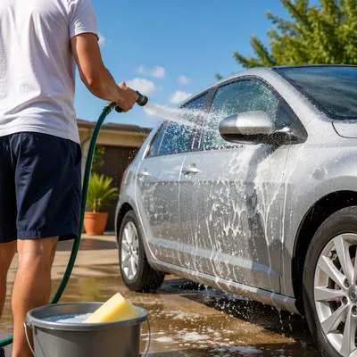 Sunny Driveway Car Wash Water Splash