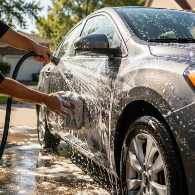 Sunny Driveway Car Wash Splash Scene