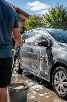 Sunny Driveway Car Wash Splash Scene