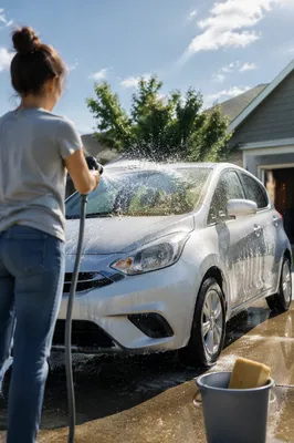 Sunny Driveway Car Wash Splash Scene