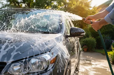 Sunny Driveway Car Wash Water Splash