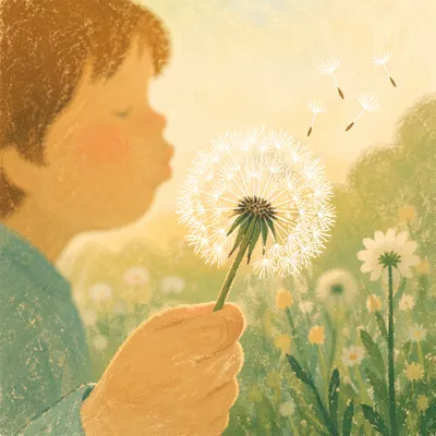 Child Blowing Dandelion in Summer Field