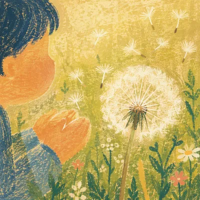 Child Blowing Dandelion in Summer Meadow
