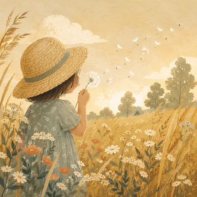Child Blowing Dandelion Seeds in Summer Meadow