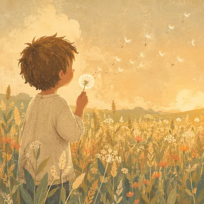 Child Blowing Dandelion Seeds at Sunset