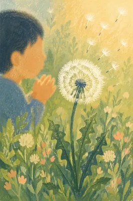 Child Blowing Dandelion in Summer Meadow
