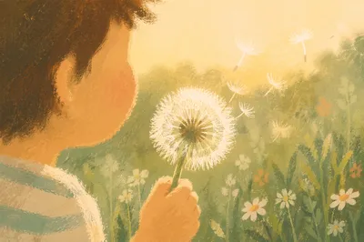 Child Blowing Dandelion in Summer Meadow