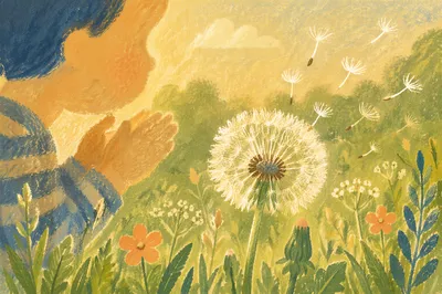 Child Blowing Dandelion Seeds in Summer Meadow