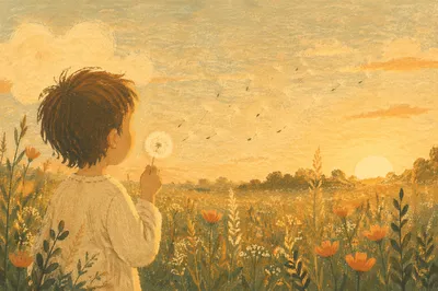 Child Blowing Dandelion Seeds at Sunset