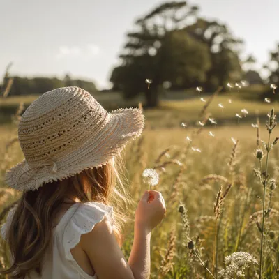 Child Blowing Dandelion Seeds in Summer Meadow