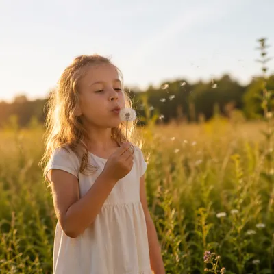 Child Blowing Dandelion in Summer Meadow