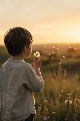 Child Blowing Dandelion Seeds in Summer Meadow