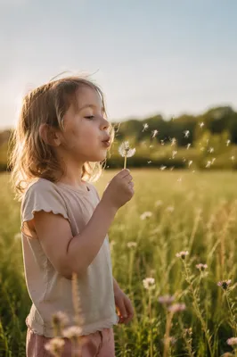 Child Blowing Dandelion in Summer Meadow