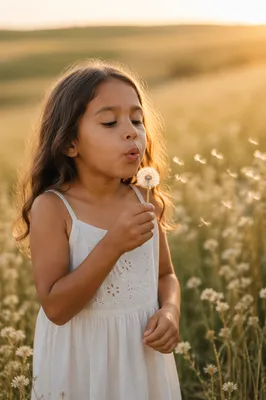 Child Blowing Dandelion in Summer Meadow