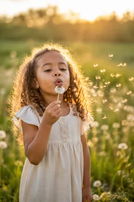 Young Girl Blowing Dandelion in Meadow