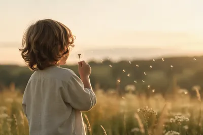 Child Blowing Dandelion Seeds in Summer Meadow
