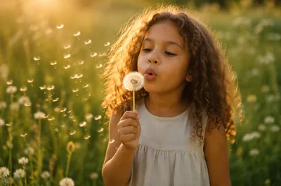 Young Girl Blowing Dandelion in Meadow