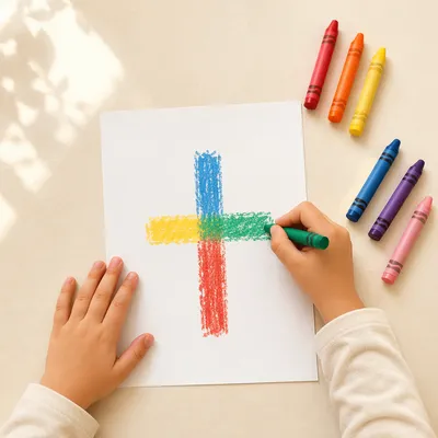 Child Drawing Colorful Cross with Crayons