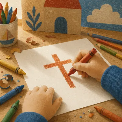 Child Drawing Cross with Colorful Crayons