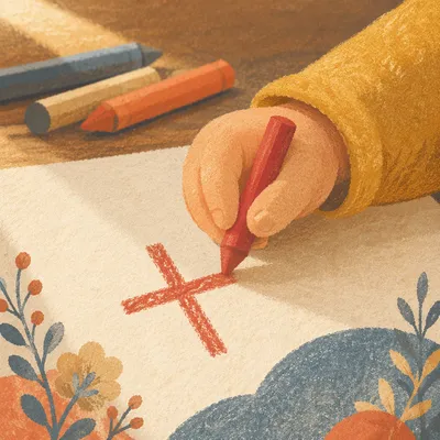Child Drawing Red Cross With Crayon