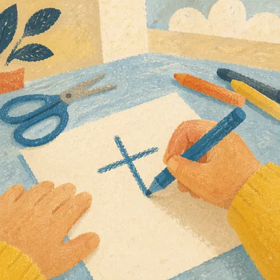 Child Drawing a Cross with Blue Crayon