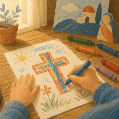 Child Drawing Colorful Cross With Crayons