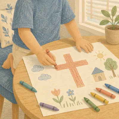 Child Drawing Cross With Colorful Crayons