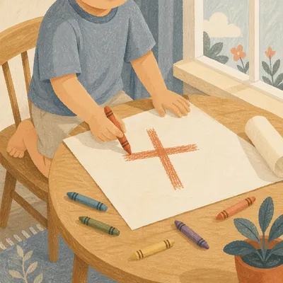 Child Drawing Crayon Cross at Wooden Table